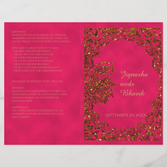 Pink and Gold Peacock Hindu Wedding Program (Front)