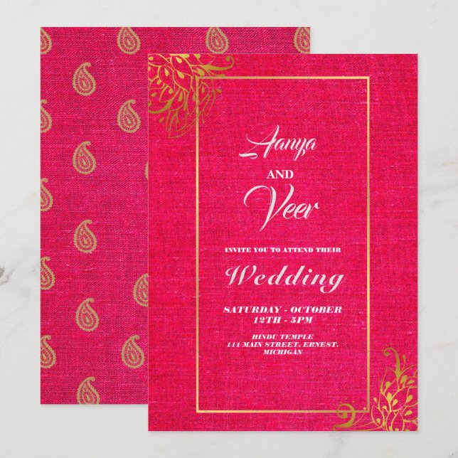 Pink and Gold Peacock Indian Wedding Invitation (Front/Back)