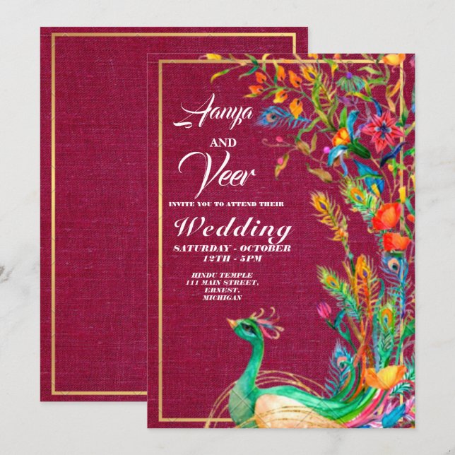 Pink and Gold Peacock Indian Wedding Invitation (Front/Back)