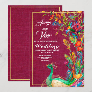 Pink and Gold Peacock Indian Wedding Invitation