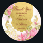Pink and gold peacock lotus Indian wedding  Classic Round Sticker<br><div class="desc">Pink and gold peacock pink lotus Indian wedding personalised thank you favour stickers.</div>
