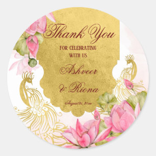 Pink and gold peacock lotus Indian wedding  Classic Round Sticker