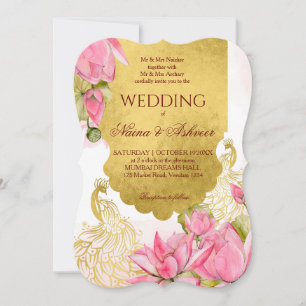 Pink and gold peacock lotus Indian wedding Invitation