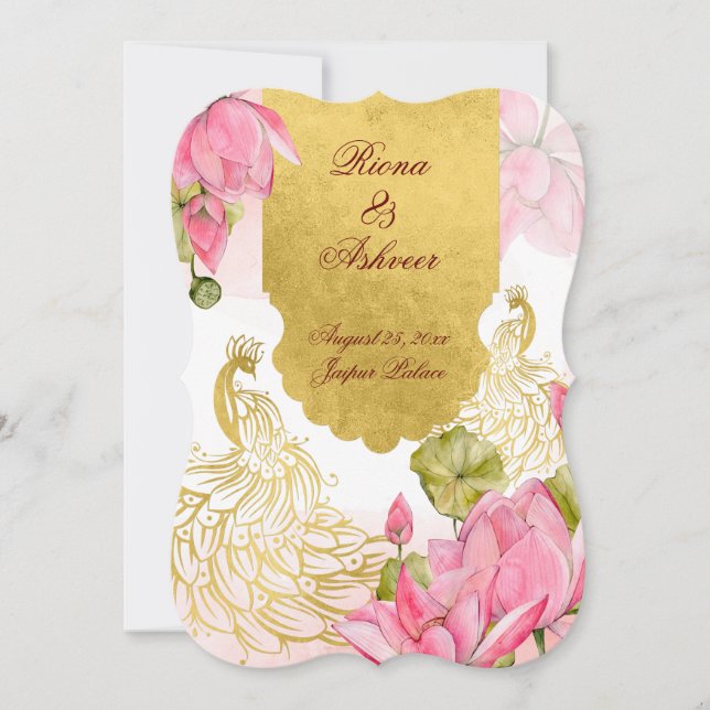 Pink and gold peacock lotus Indian wedding Invitation (Front)