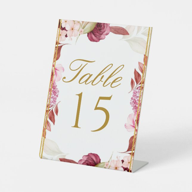 Pink and Gold Peony Typograph Wedding Table Number Pedestal Sign (Front)