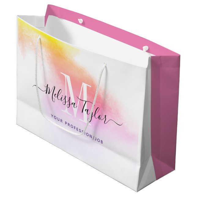 Pink and Gold Photo Holographic monogrammed Large Gift Bag (Front Angled)