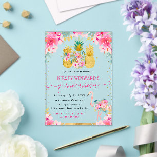Pink and Gold Pineapples and Flamingo Quinceanera Acrylic Invitations