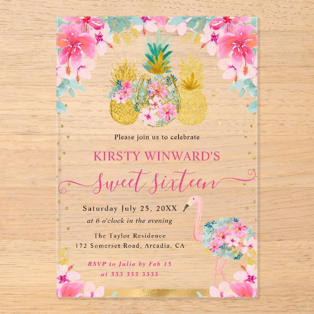 Pink and Gold Pineapples and Flamingo Sweet 16 Acrylic Invitations (Front)