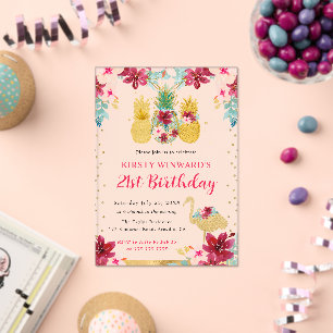 Pink and Gold Pineapples & Flamingo 21st Birthday Acrylic Invitations