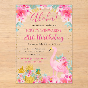Pink and Gold Pineapples & Flamingo 21st Birthday Acrylic Invitations