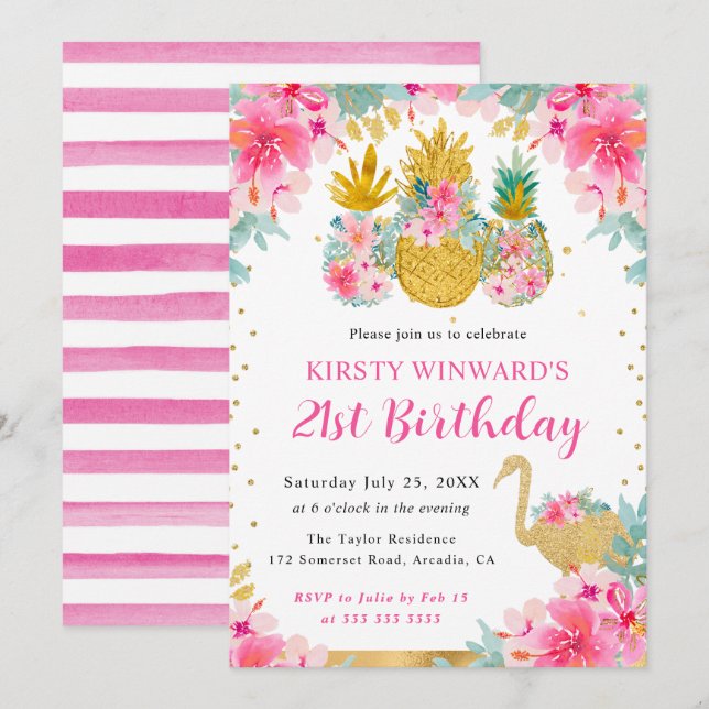Pink and Gold Pineapples & Flamingo 21st Birthday Invitation (Front/Back)