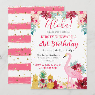 Pink and Gold Pineapples & Flamingo 21st Birthday Invitation