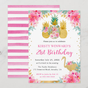 Pink and Gold Pineapples & Flamingo 21st Birthday Invitation