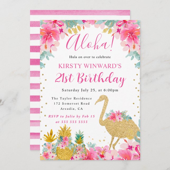 Pink and Gold Pineapples & Flamingo 21st Birthday Invitation (Front/Back)