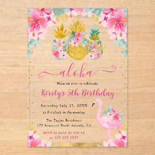 Pink and Gold Pineapples & Flamingo Kids Birthday Acrylic Invitations