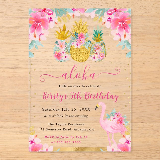 Pink and Gold Pineapples & Flamingo Kids Birthday Acrylic Invitations (Front)