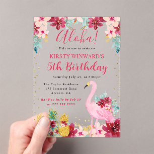Pink and Gold Pineapples & Flamingo Kids Birthday Acrylic Invitations