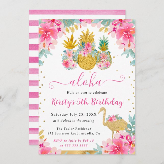 Pink and Gold Pineapples & Flamingo Kids Birthday Invitation (Front/Back)