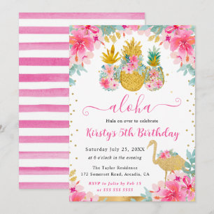 Pink and Gold Pineapples & Flamingo Kids Birthday Invitation