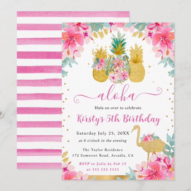 Pink and Gold Pineapples & Flamingo Kids Birthday Invitation (Front/Back)