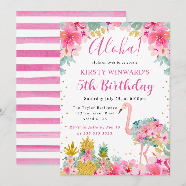 Pink and Gold Pineapples & Flamingo Kids Birthday Invitation (Front/Back)