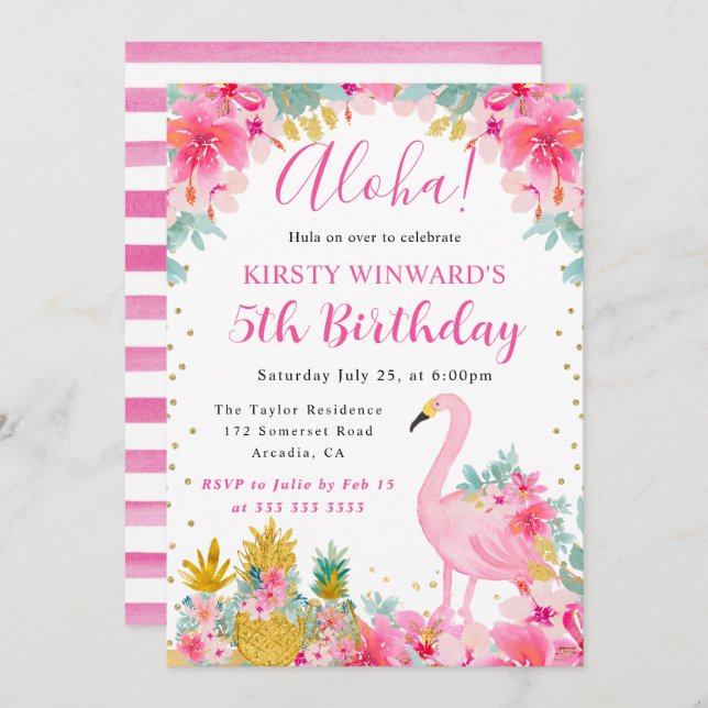 Pink and Gold Pineapples & Flamingo Kids Birthday Invitation (Front/Back)