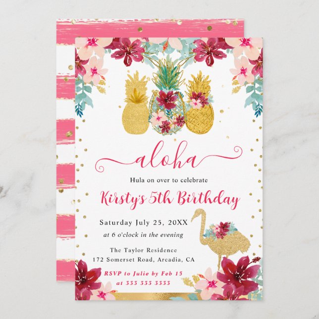 Pink and Gold Pineapples & Flamingo Kids Birthday Invitation (Front/Back)