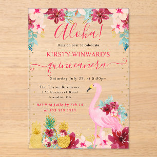 Pink and Gold Pineapples & Flamingo Quinceanera Acrylic Invitations