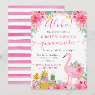Pink and Gold Pineapples & Flamingo Quinceanera Invitation