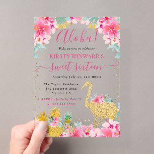 Pink and Gold Pineapples & Flamingo Sweet 16 Acrylic Invitations