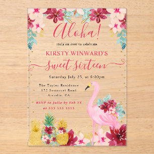 Pink and Gold Pineapples & Flamingo Sweet 16 Acrylic Invitations