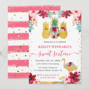 Pink and Gold Pineapples & Flamingo Sweet Sixteen Invitation
