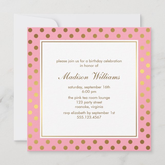 Pink and Gold Polka Dots Birthday Invitation (Front)