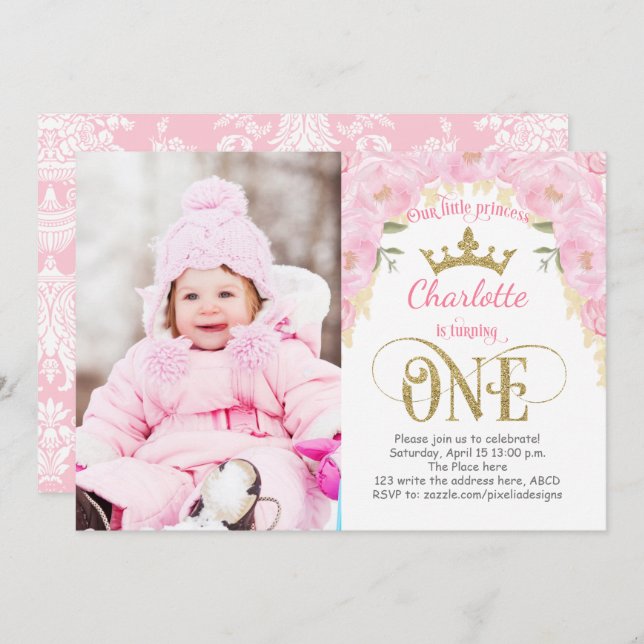 Pink and Gold Princess 1st Birthday Invitation (Front/Back)