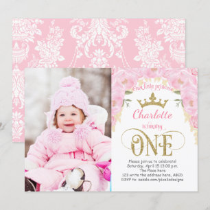 Pink and Gold Princess 1st Birthday Invitation