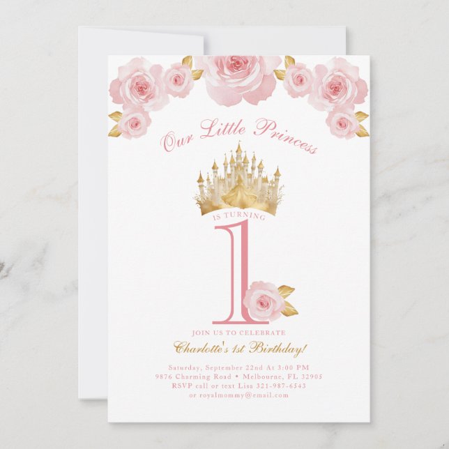 Pink and Gold Princess 1st Birthday Invitation  (Front)