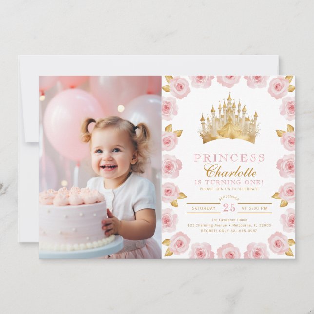 Pink and Gold Princess 1st Birthday Photo Invitation (Front)