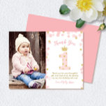 Pink and Gold Princess 1st Birthday Thank You Card<br><div class="desc">This first birthday photo thank you card features a princess crown over a big number one accented by soft pink and glittery gold confetti with space on the front and back for adding your own text and/or photos. Click the customise button for more flexibility with adding text and photo! Variations...</div>