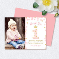 Pink and Gold Princess 1st Birthday Thank You Card