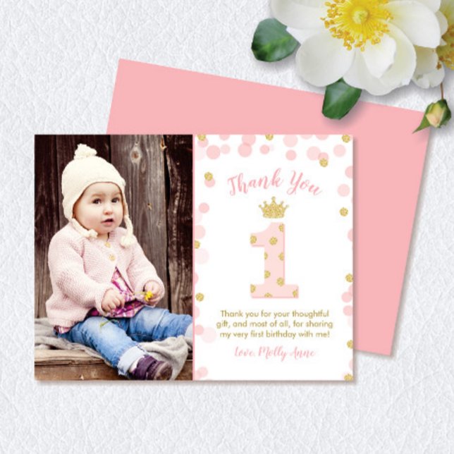 Pink and Gold Princess 1st Birthday Thank You Card (Princess Pink & Gold Glitter 1st Birthday Thank You Note Card)