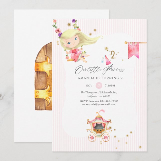 Pink and Gold Princess 2nd Birthday Party Invitation (Front/Back)