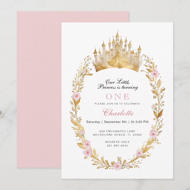 Pink and Gold Princess Birthday Invitation (Front/Back)