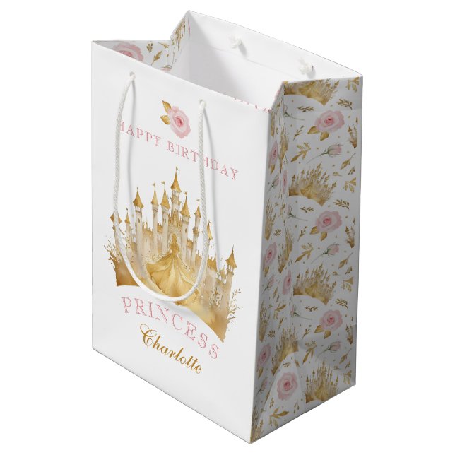 Pink and Gold Princess Birthday Party Gift Bag  (Back Angled)