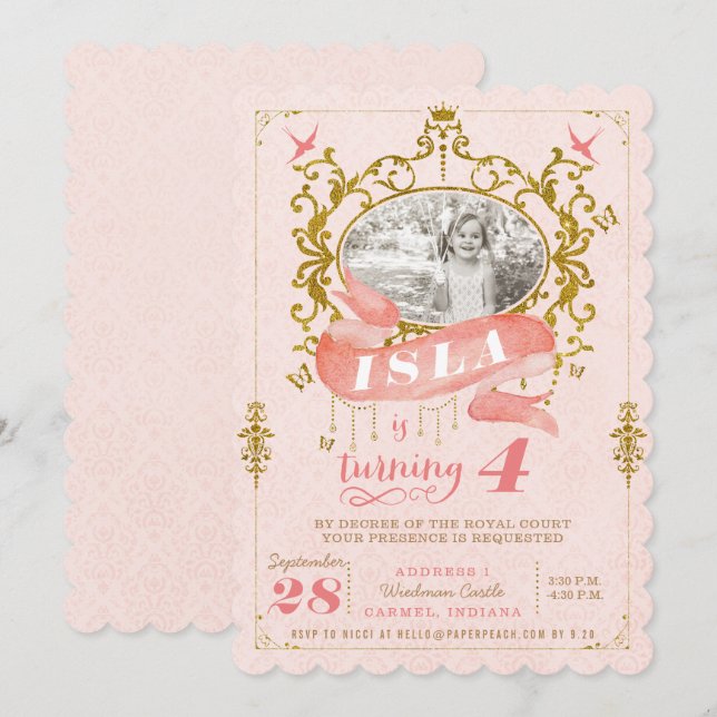 Pink and Gold Princess Birthday Party Invitations (Front/Back)