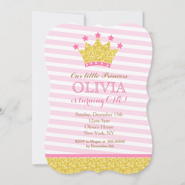 Pink and Gold Princess Birthday Party Invitations (Front)