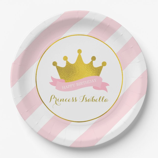 Pink and Gold Princess Birthday Party Paper Plate (Front)