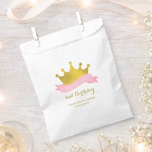 Pink and Gold Princess Crown Birthday Party Favour Bags (Clipped)