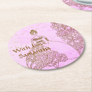 Pink and Gold Princess Fairytale Birthday Round Paper Coaster