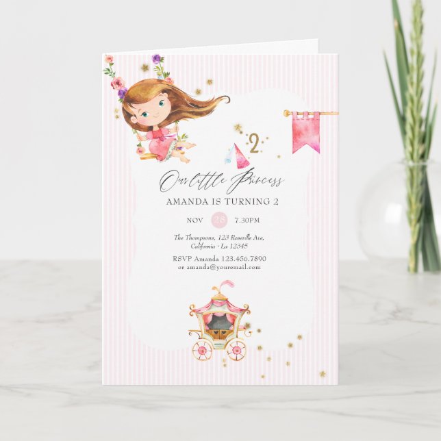 Pink and Gold Princess Girl 2nd Birthday Party Invitation (Front)