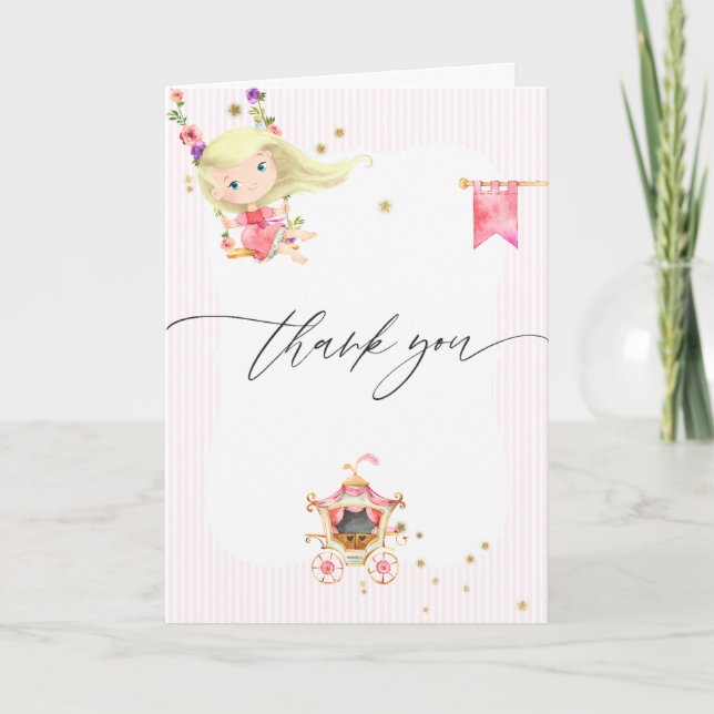 Pink and Gold Princess Girl 2nd Birthday Party Thank You Card (Front)